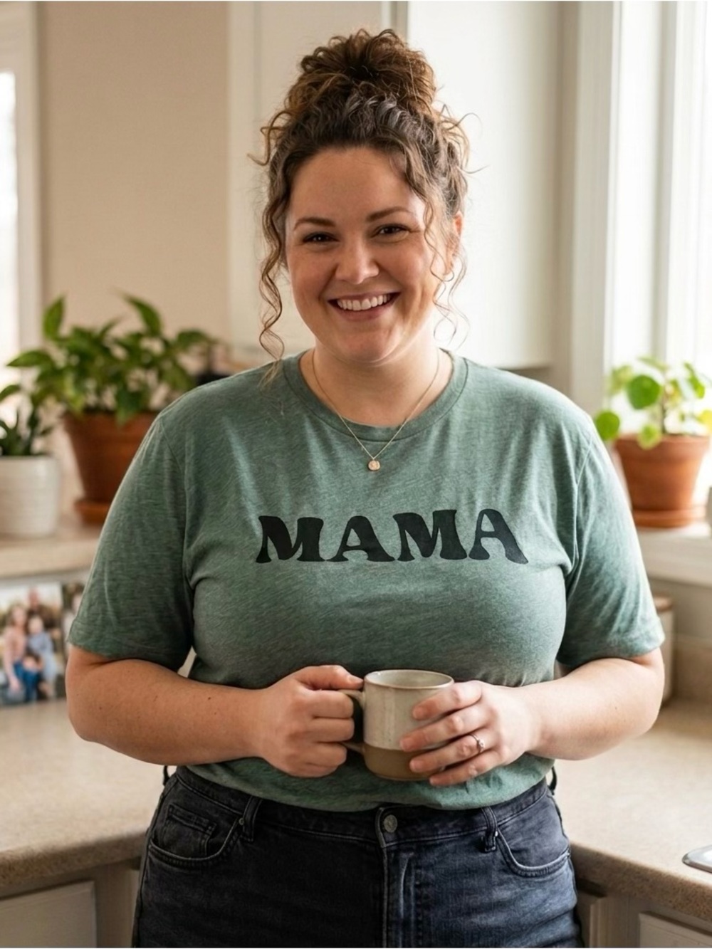 NEW Cotton Blend Mama Graphic Short Sleeve Tee T-Shirt Heather Sage Green Casual